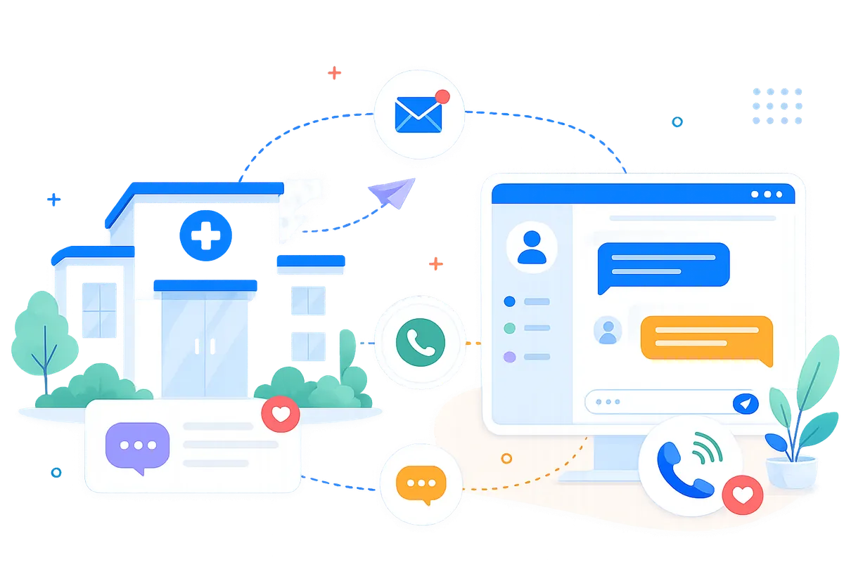 Illustration of a clinic connecting with the OtterSG support team via email, chat, and phone.